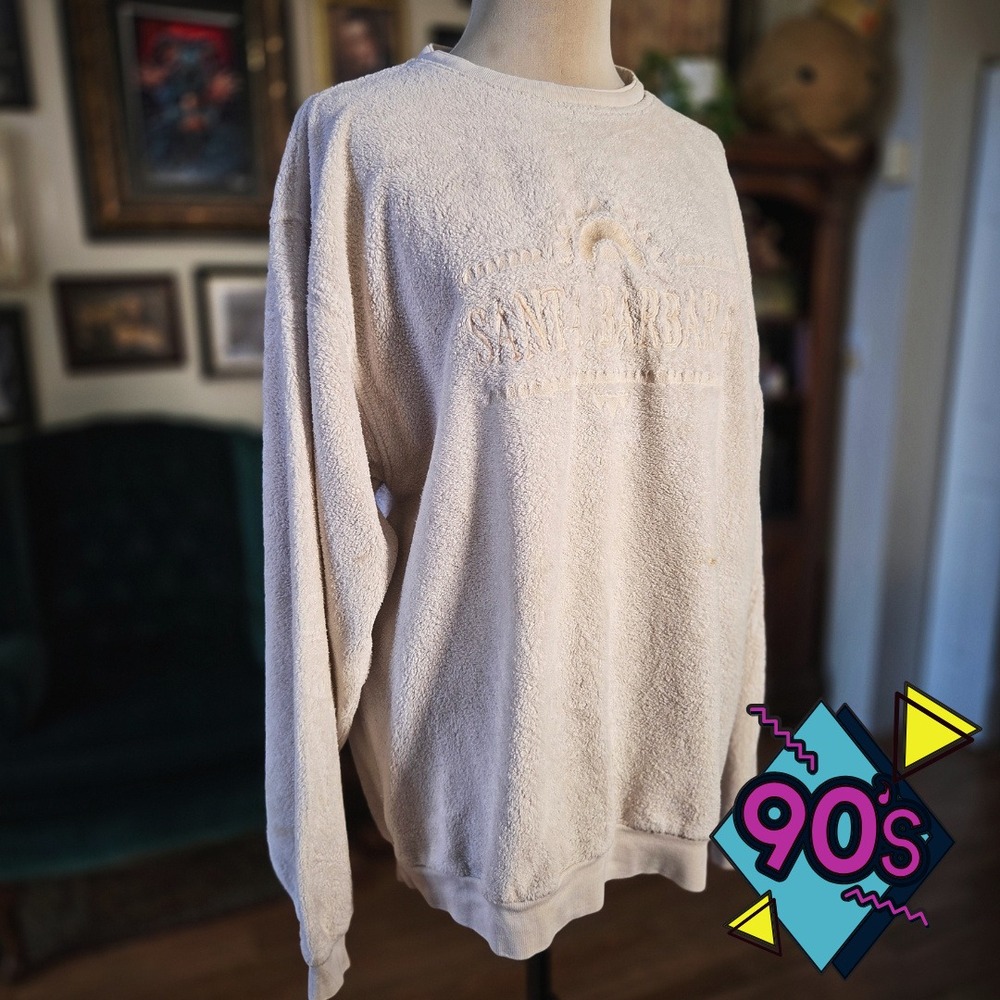 Santa Barbara Sunrise Sweatshirt Vintage 90s Tan Sherpa Fleece‎ Pullover Large